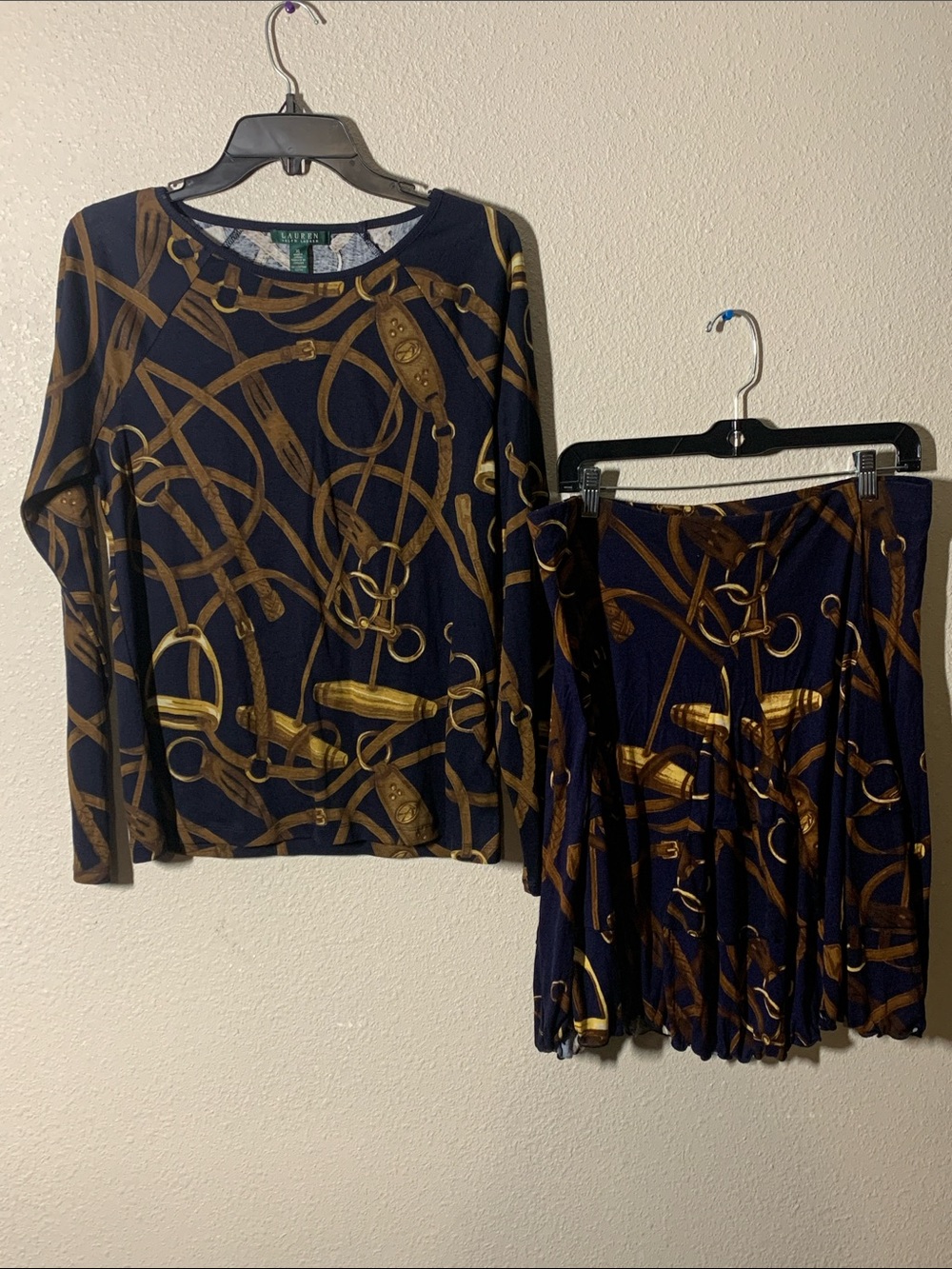 Lauren Ralph Lauren Navy and Brown Equestrian Print Skirt